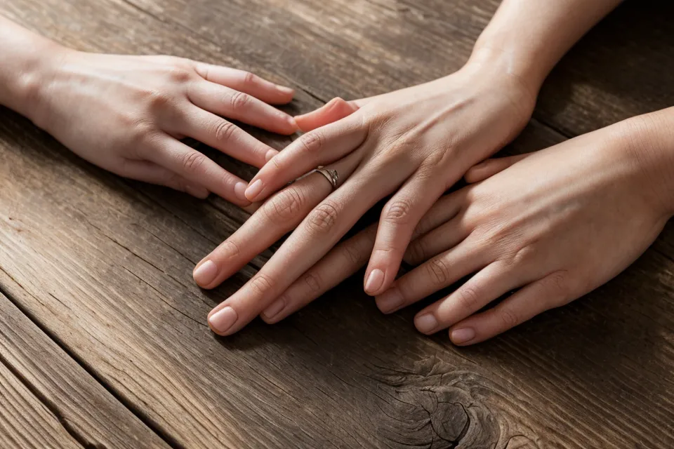 Gros plan d'une main soutenant une autre main sur une surface en bois