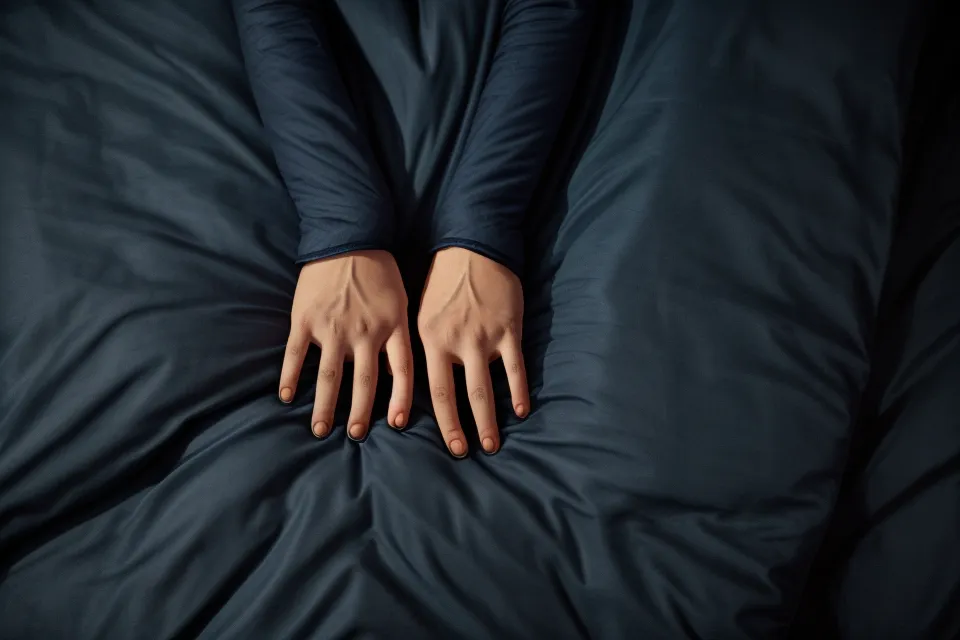 Deux mains posées sur une couette bleue dans une ambiance tamisée de soirée.