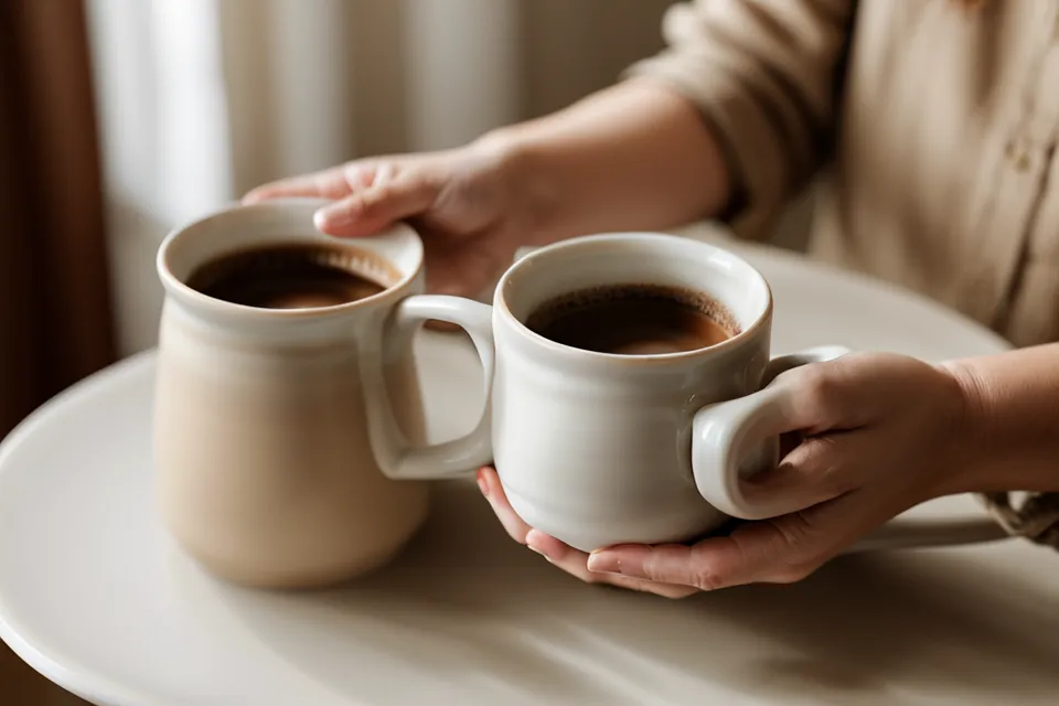 Gros plan sur deux mains entourant une tasse de café, symbolisant le soutien silencieux.
