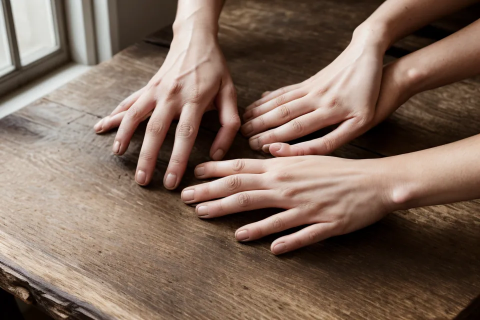 Passer du temps de qualité en couple malgré des loisirs différents : deux mains posées côte à côte sur une table en bois, chacun absorbé dans sa propre activité