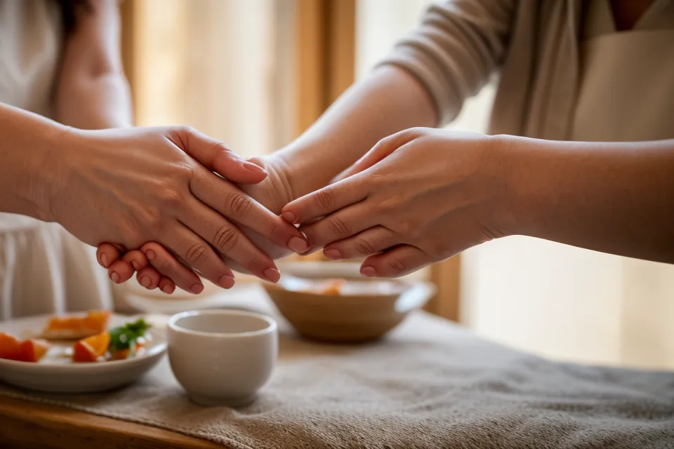 Gros plan de deux mains posées l'une près de l'autre sur une table en bois, symbole de complicité silencieuse et d'intimité de couple retrouvée